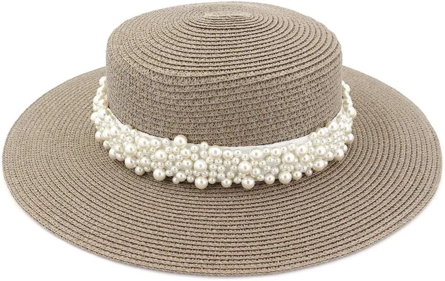 Womens Flat Top Straw Hat Wide Brim Floppy Fedora Summer Beach Sun Hat Sunshade Ladies Sun Hat