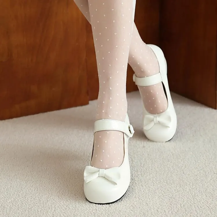 Women's Glossy Bows Square Toe Block Heel Mary Janes Pumps