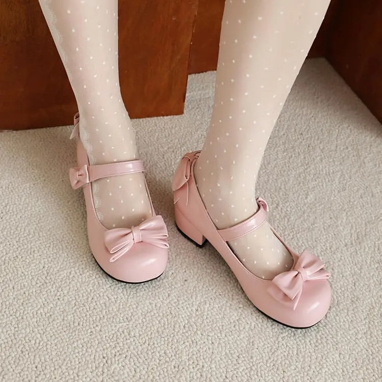 Women's Glossy Bows Square Toe Block Heel Mary Janes Pumps