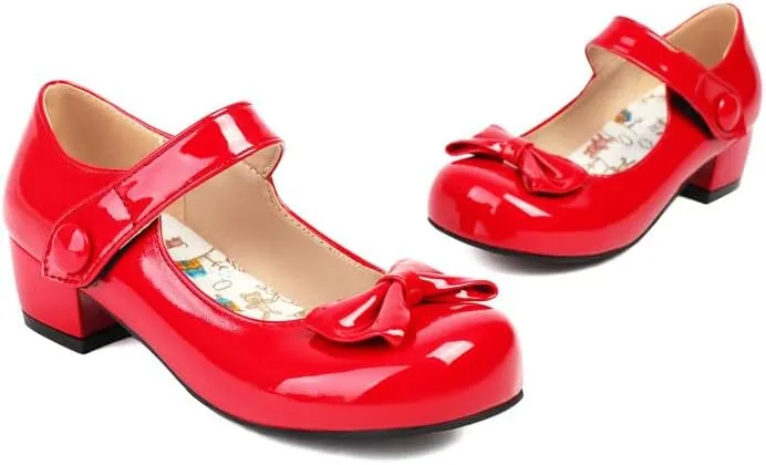 Women's Glossy Bows Square Toe Block Heel Mary Janes Pumps