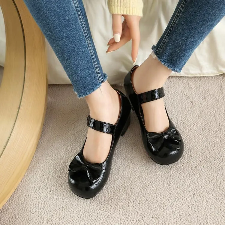 Women's Glossy Bows Square Toe Block Heel Mary Janes Pumps