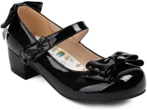 Women's Glossy Bows Square Toe Block Heel Mary Janes Pumps