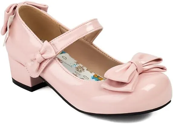 Women's Glossy Bows Square Toe Block Heel Mary Janes Pumps
