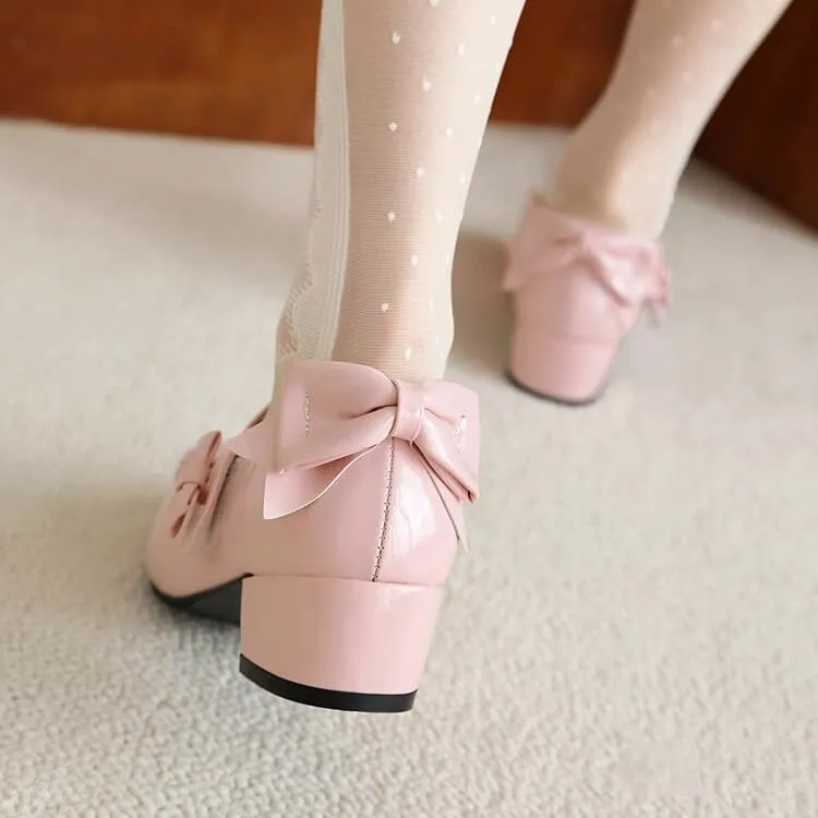 Women's Glossy Bows Square Toe Block Heel Mary Janes Pumps