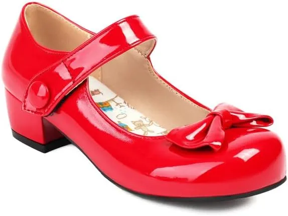 Women's Glossy Bows Square Toe Block Heel Mary Janes Pumps