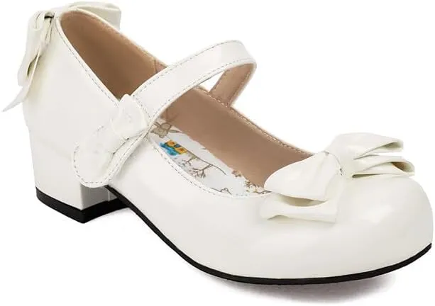 Women's Glossy Bows Square Toe Block Heel Mary Janes Pumps