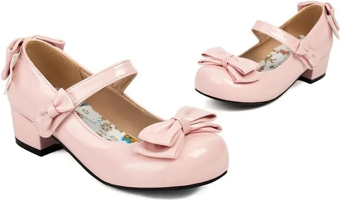 Women's Glossy Bows Square Toe Block Heel Mary Janes Pumps