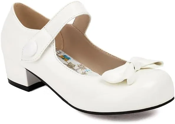 Women's Glossy Bows Square Toe Block Heel Mary Janes Pumps