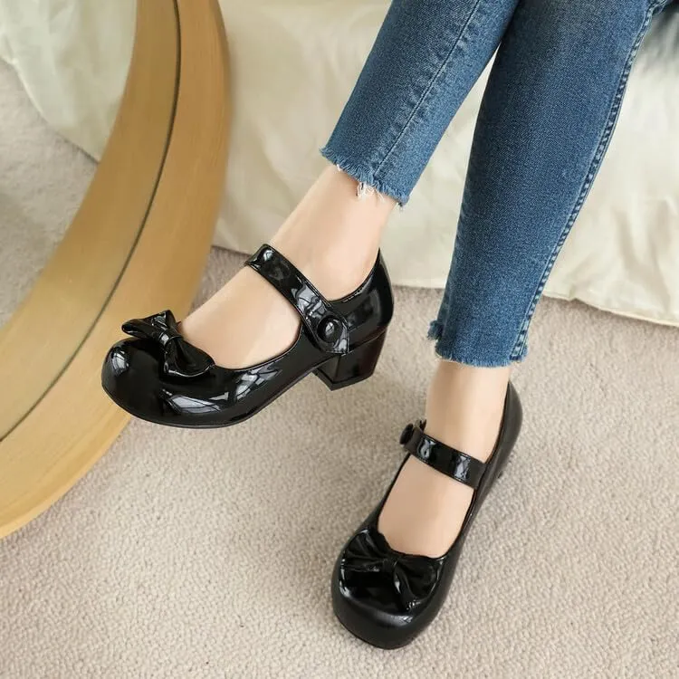 Women's Glossy Bows Square Toe Block Heel Mary Janes Pumps
