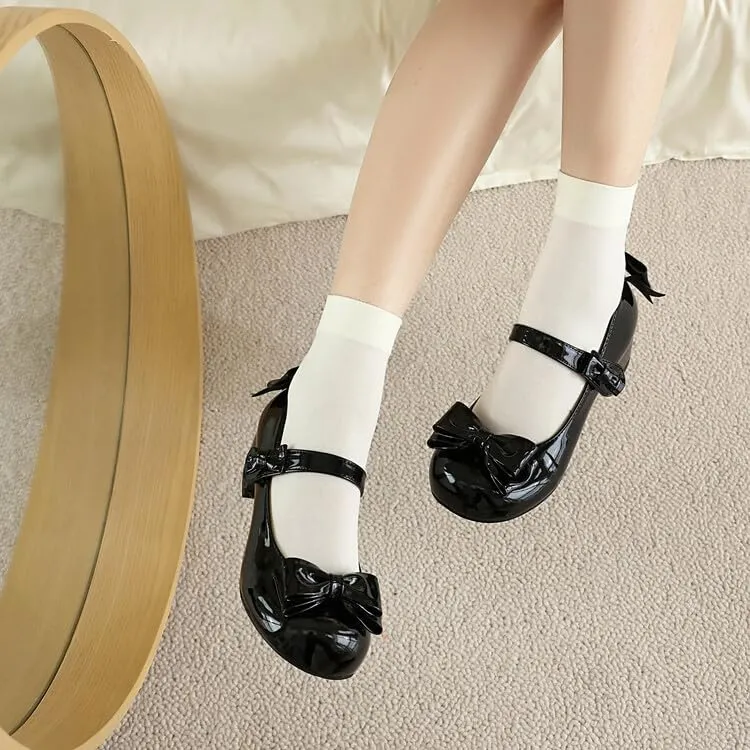 Women's Glossy Bows Square Toe Block Heel Mary Janes Pumps