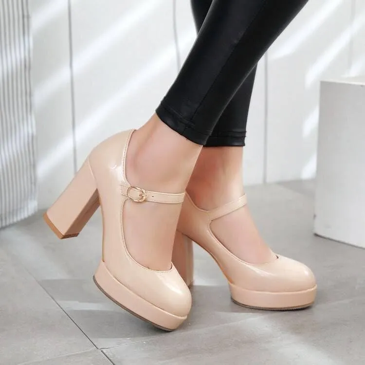 Women's Glossy Square Heel Platform Mary Janes Pumps