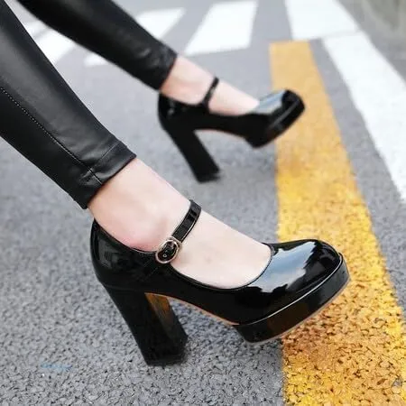 Women's Glossy Square Heel Platform Mary Janes Pumps