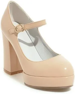 Women's Glossy Square Heel Platform Mary Janes Pumps