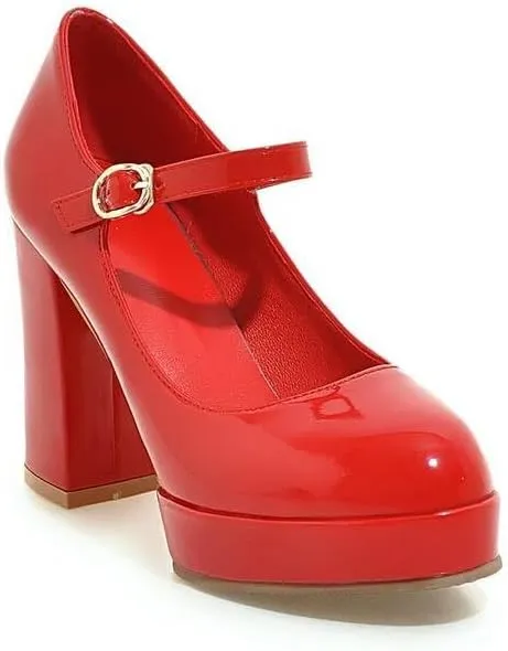 Women's Glossy Square Heel Platform Mary Janes Pumps