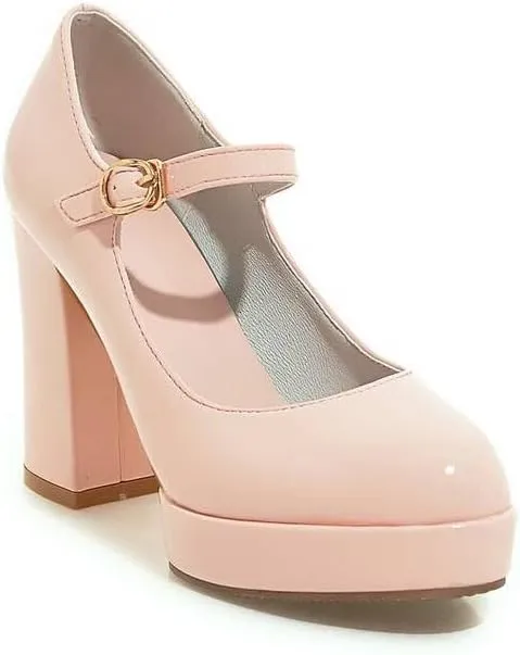 Women's Glossy Square Heel Platform Mary Janes Pumps