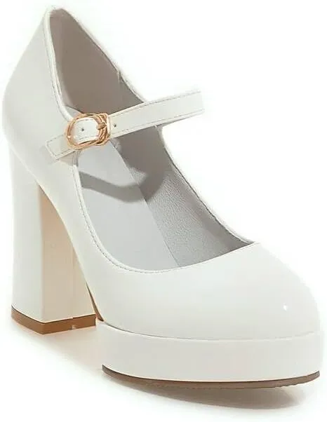 Women's Glossy Square Heel Platform Mary Janes Pumps