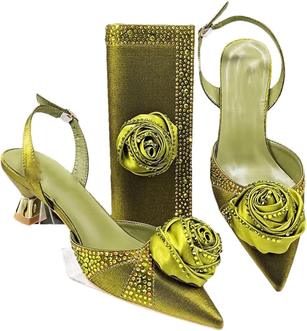 Women’S Handmade Flower Design Pumps and Bag Set for Wedding Party Satin Slingbacks with Bordered Pattern