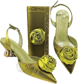 Women’S Handmade Flower Design Pumps and Bag Set for Wedding Party Satin Slingbacks with Bordered Pattern