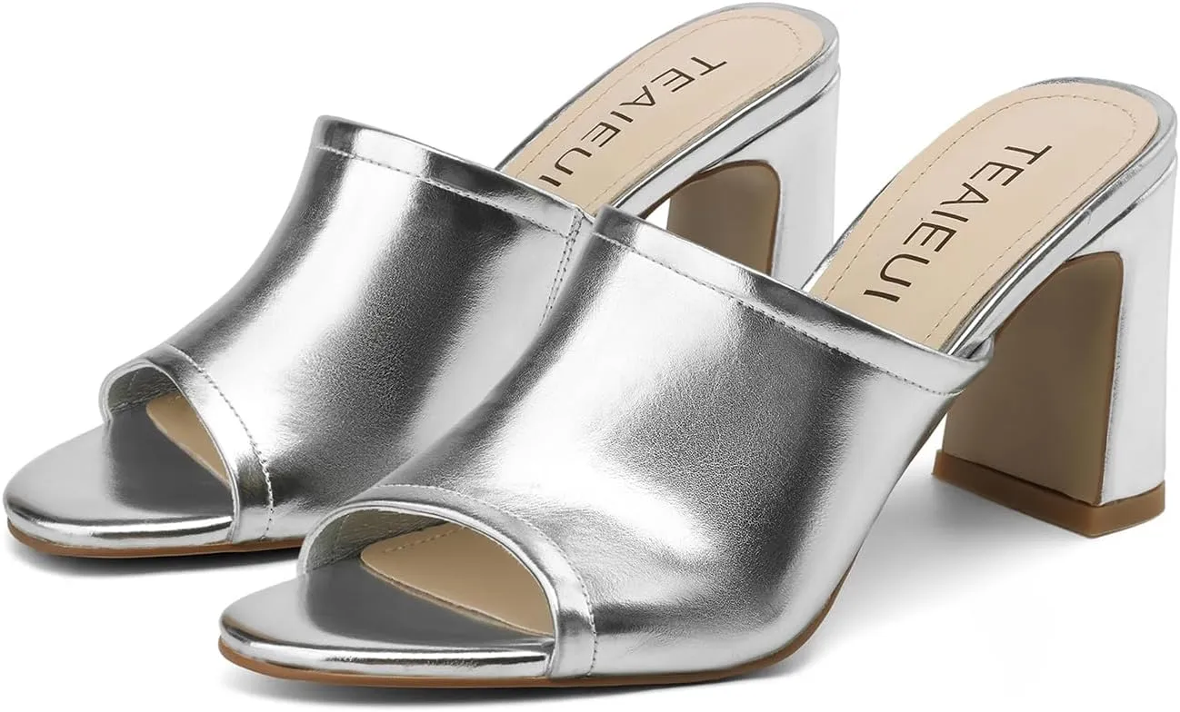 Women's High Block Heeled Mule Sandals Sexy Open Toe Heels Slip on Mules Comfortable Casual Dress Pumps Shoes for Dating Daily