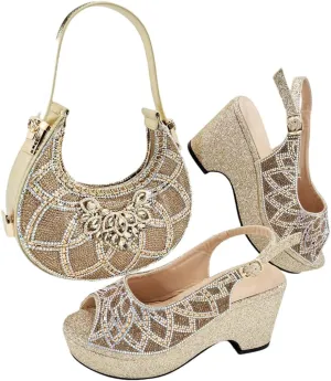 Women’S High-End Imitation Diamond Pointed High-Heeled Shoes with Hollowed Out Design Evening Bag Slip-On Peep Toe