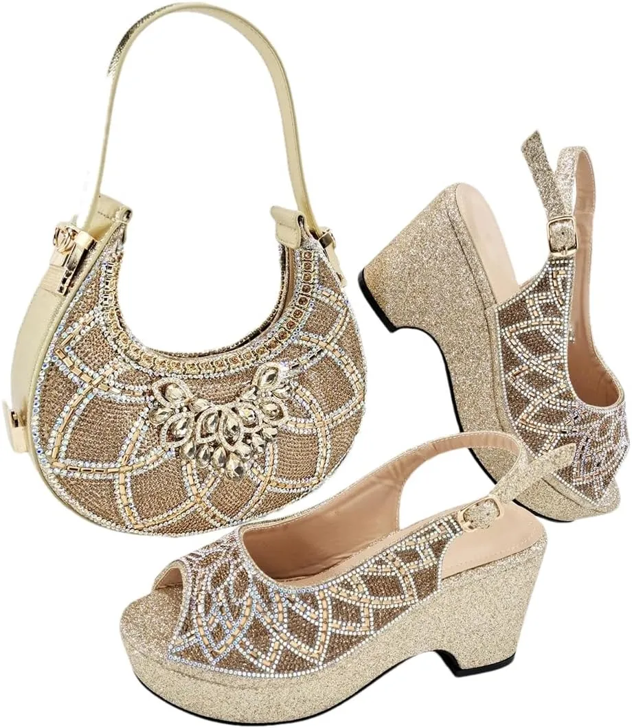 Women’S High-End Imitation Diamond Pointed High-Heeled Shoes with Hollowed Out Design Evening Bag Slip-On Peep Toe