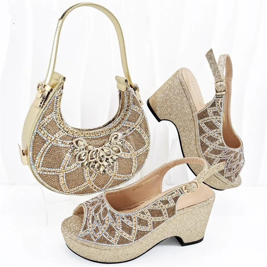 Women’S High-End Imitation Diamond Pointed High-Heeled Shoes with Hollowed Out Design Evening Bag Slip-On Peep Toe