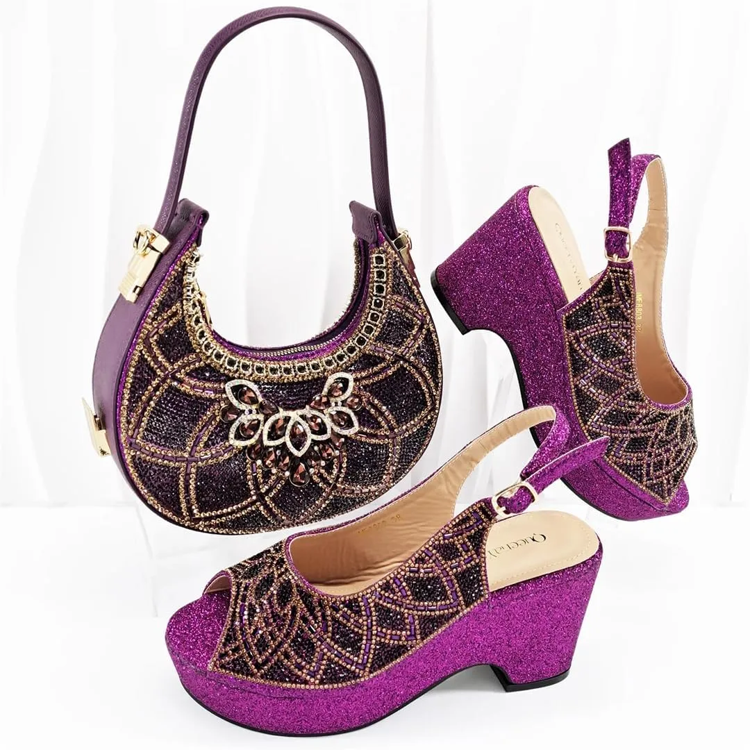 Women’S High-End Imitation Diamond Pointed High-Heeled Shoes with Hollowed Out Design Evening Bag Slip-On Peep Toe