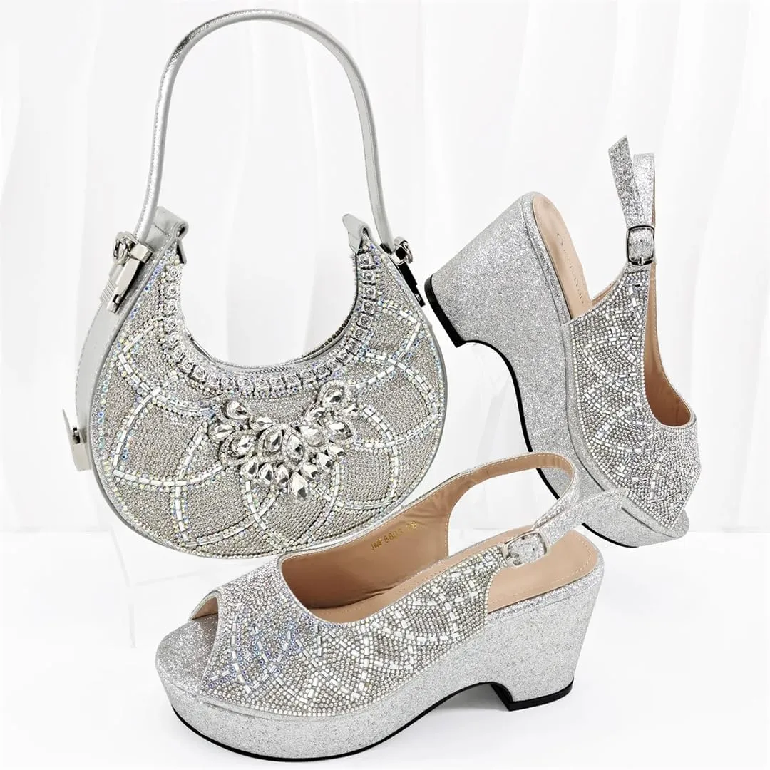 Women’S High-End Imitation Diamond Pointed High-Heeled Shoes with Hollowed Out Design Evening Bag Slip-On Peep Toe