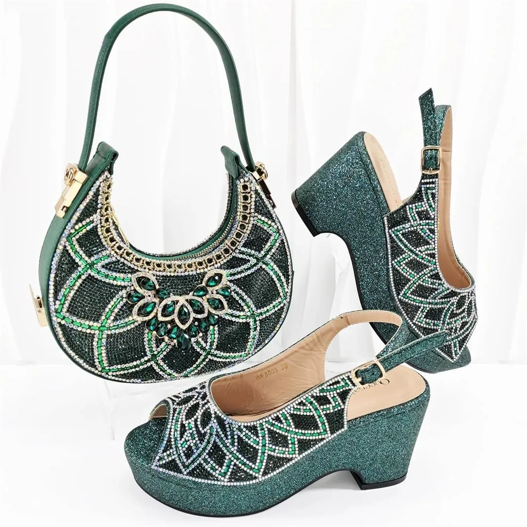 Women’S High-End Imitation Diamond Pointed High-Heeled Shoes with Hollowed Out Design Evening Bag Slip-On Peep Toe