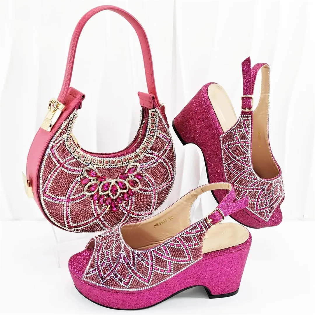 Women’S High-End Imitation Diamond Pointed High-Heeled Shoes with Hollowed Out Design Evening Bag Slip-On Peep Toe
