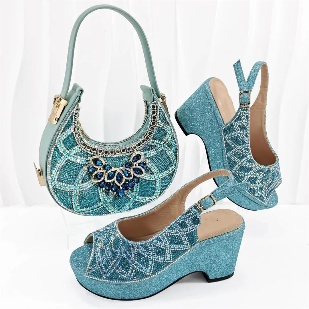 Women’S High-End Imitation Diamond Pointed High-Heeled Shoes with Hollowed Out Design Evening Bag Slip-On Peep Toe