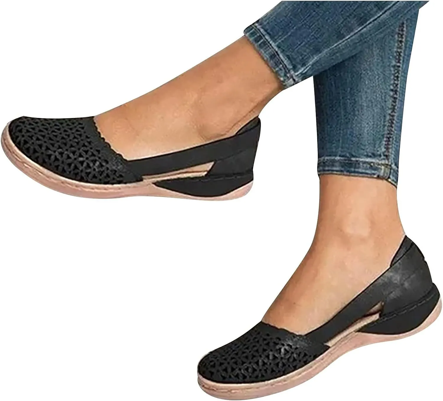 Womens Hollow Ballet Flats Round Toe Slip On Shoes Light Weight Comfort Sandals Retro Low Heels Shoe Vintage Leather Sandal Casual Walking Mary Janes Shoes with Breathable Eyelets