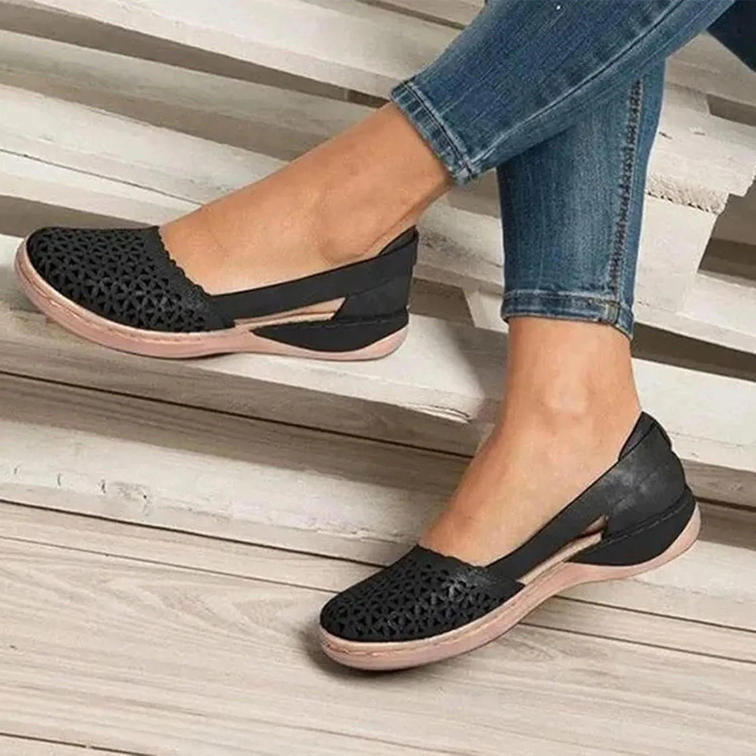 Womens Hollow Ballet Flats Round Toe Slip On Shoes Light Weight Comfort Sandals Retro Low Heels Shoe Vintage Leather Sandal Casual Walking Mary Janes Shoes with Breathable Eyelets