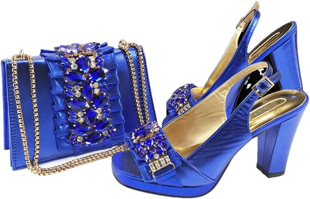 Women’S Italian Design Fashion Shoes and Matching Bag Set Peep Toe Thin Heels Buckle Strap for Dress