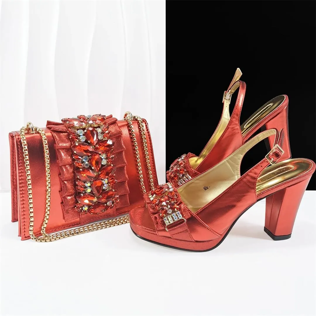Women’S Italian Design Fashion Shoes and Matching Bag Set Peep Toe Thin Heels Buckle Strap for Dress