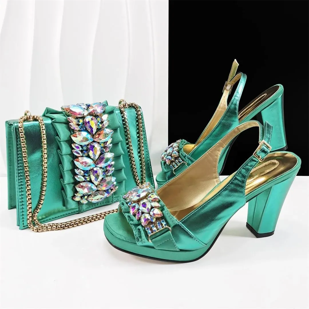 Women’S Italian Design Fashion Shoes and Matching Bag Set Peep Toe Thin Heels Buckle Strap for Dress