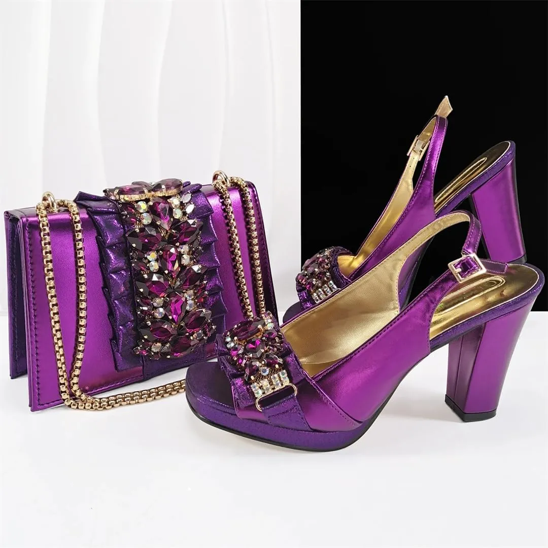 Women’S Italian Design Fashion Shoes and Matching Bag Set Peep Toe Thin Heels Buckle Strap for Dress