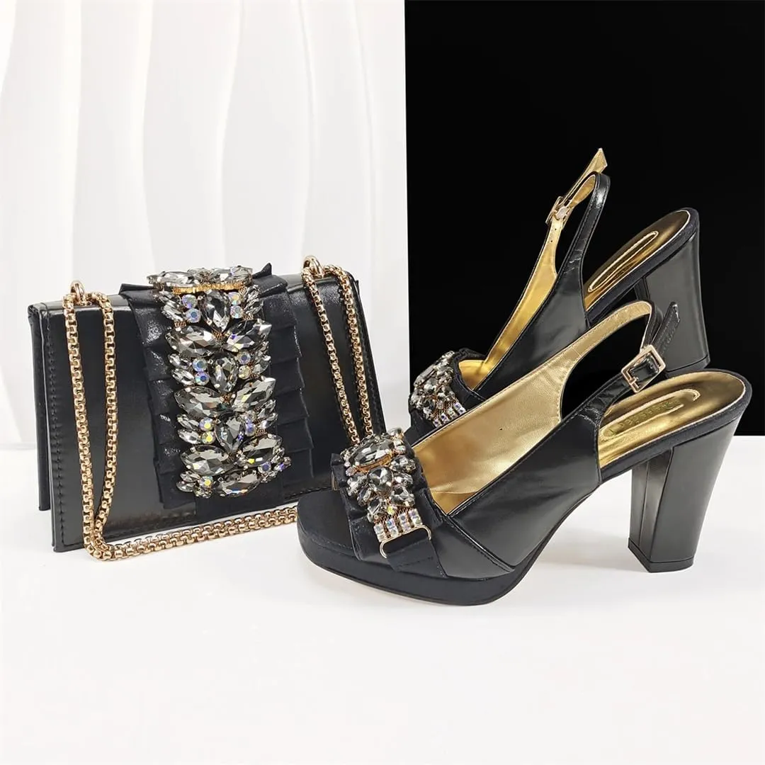 Women’S Italian Design Fashion Shoes and Matching Bag Set Peep Toe Thin Heels Buckle Strap for Dress