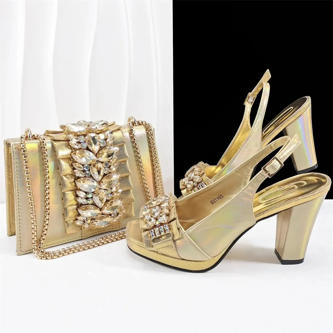 Women’S Italian Design Fashion Shoes and Matching Bag Set Peep Toe Thin Heels Buckle Strap for Dress