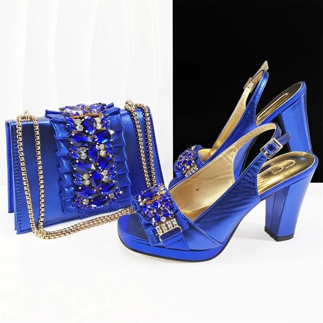 Women’S Italian Design Fashion Shoes and Matching Bag Set Peep Toe Thin Heels Buckle Strap for Dress