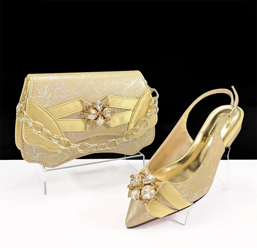 Women’S Italian Designer Comfortable Heel Crystal Shoes and Evening Bag Set Square Heel Pointed Toe Buckle Strap