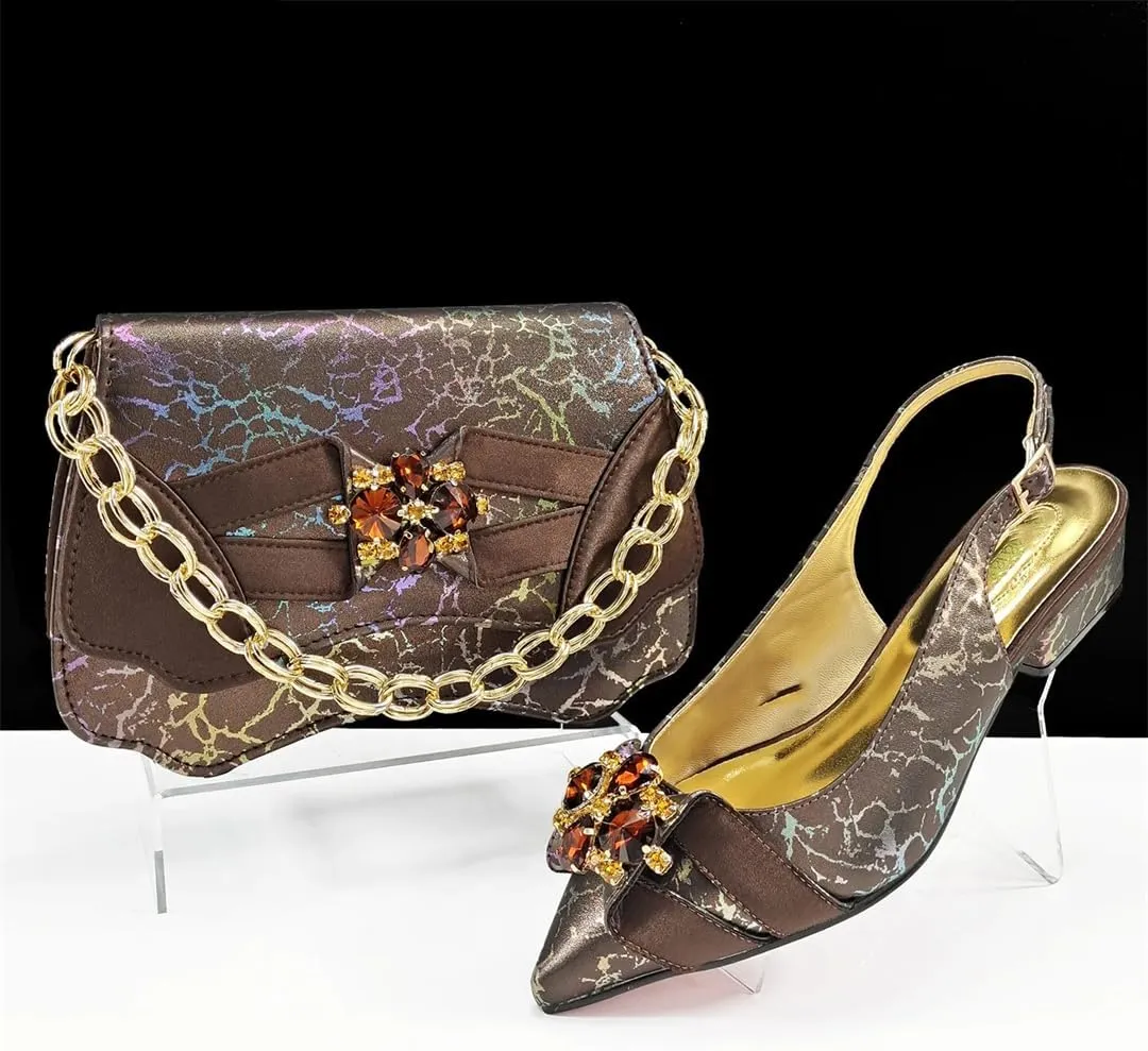 Women’S Italian Designer Comfortable Heel Crystal Shoes and Evening Bag Set Square Heel Pointed Toe Buckle Strap