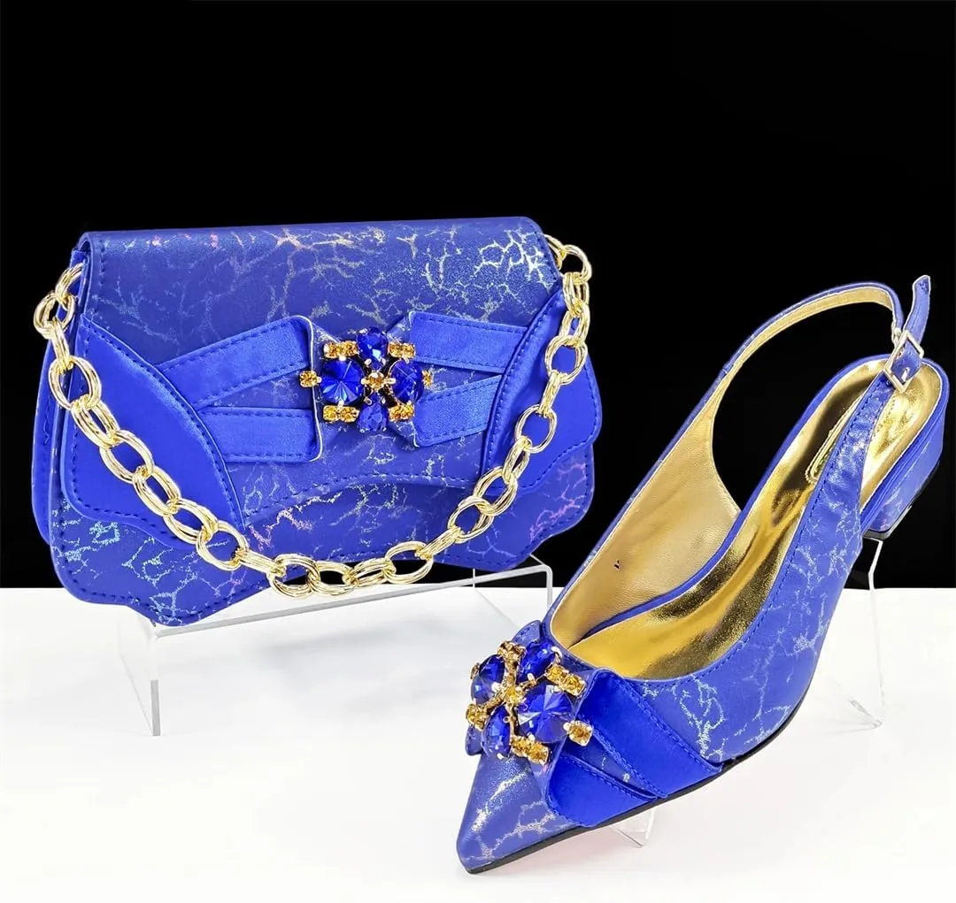 Women’S Italian Designer Comfortable Heel Crystal Shoes and Evening Bag Set Square Heel Pointed Toe Buckle Strap