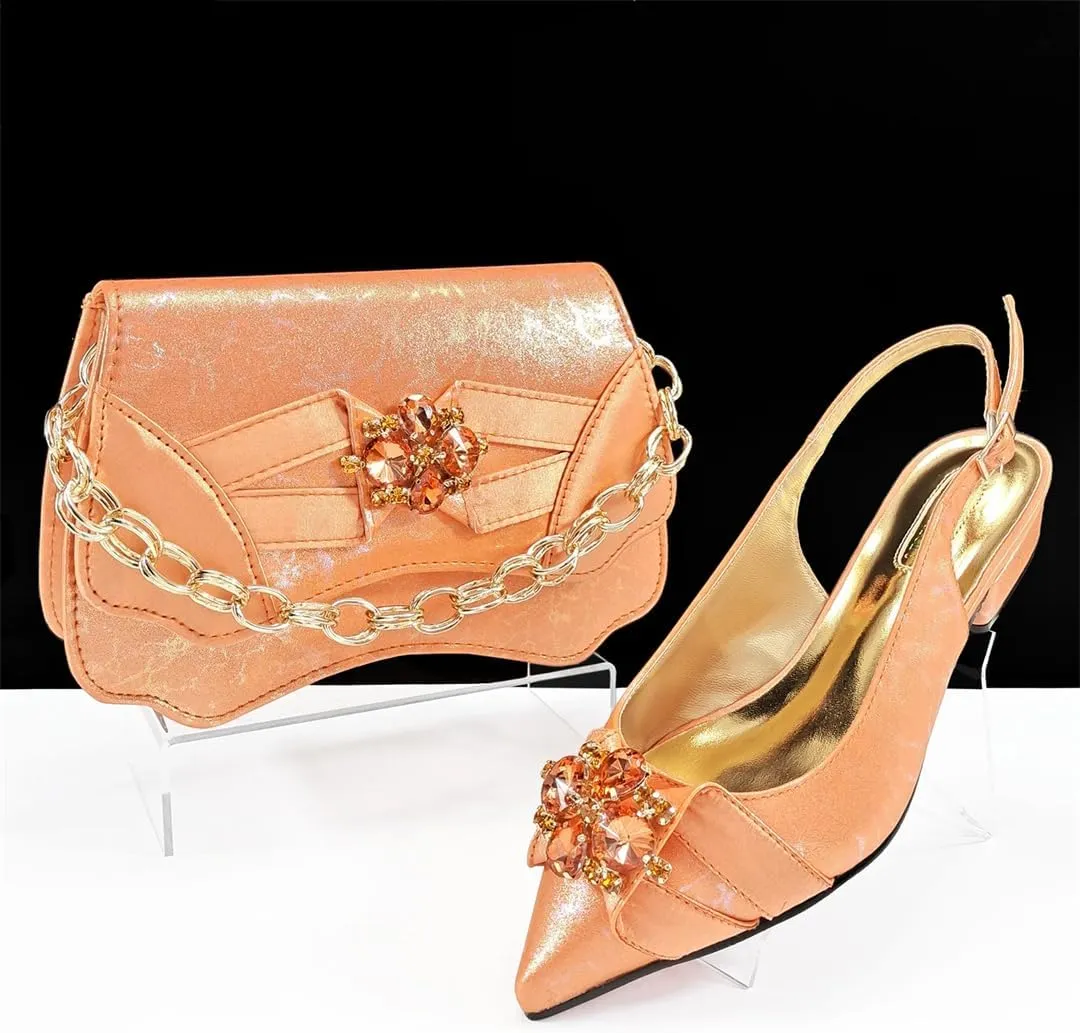 Women’S Italian Designer Comfortable Heel Crystal Shoes and Evening Bag Set Square Heel Pointed Toe Buckle Strap