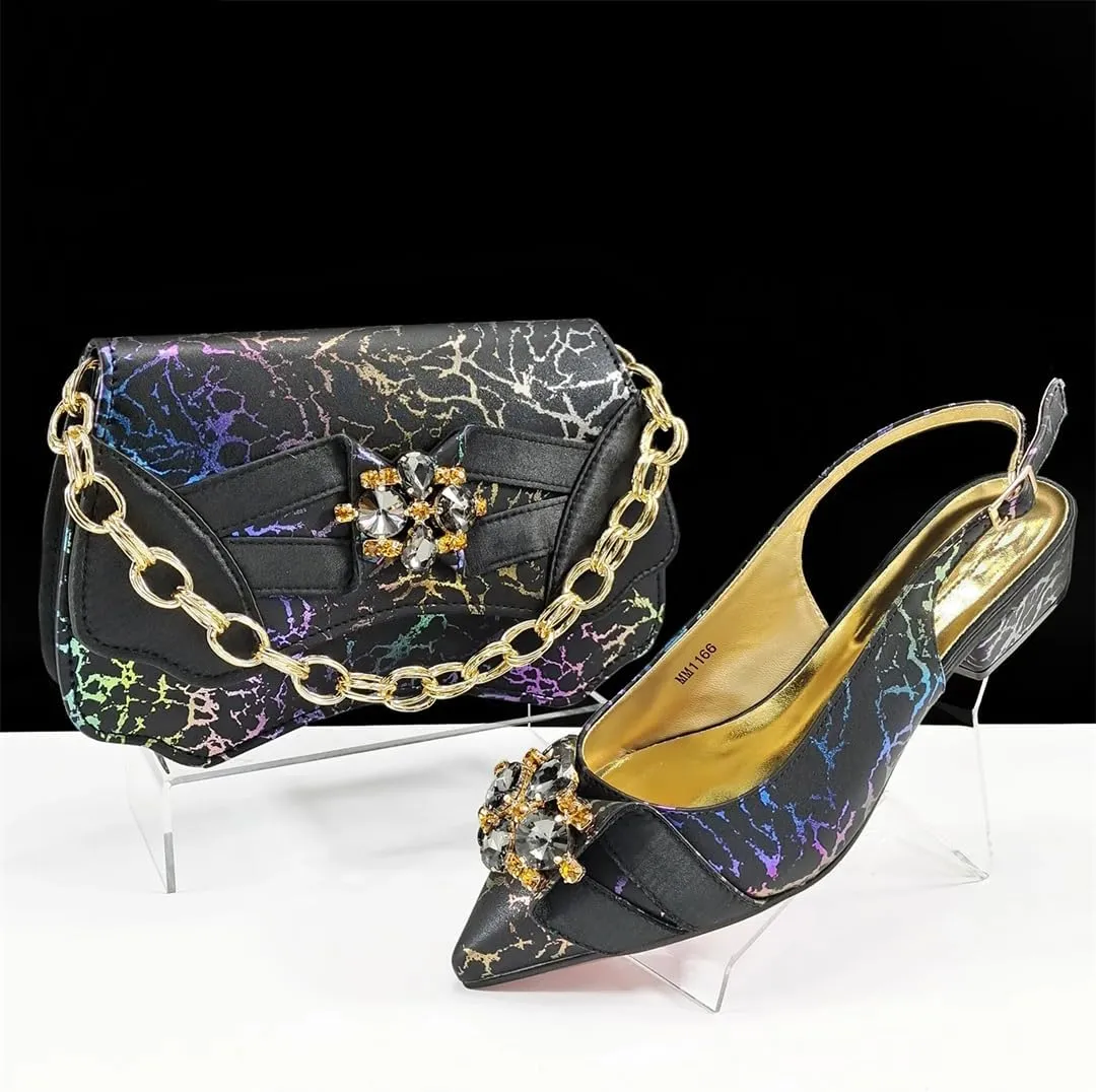 Women’S Italian Designer Comfortable Heel Crystal Shoes and Evening Bag Set Square Heel Pointed Toe Buckle Strap