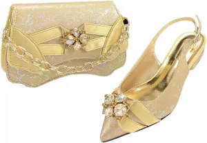 Women’S Italian Designer Comfortable Heel Crystal Shoes and Evening Bag Set Square Heel Pointed Toe Buckle Strap