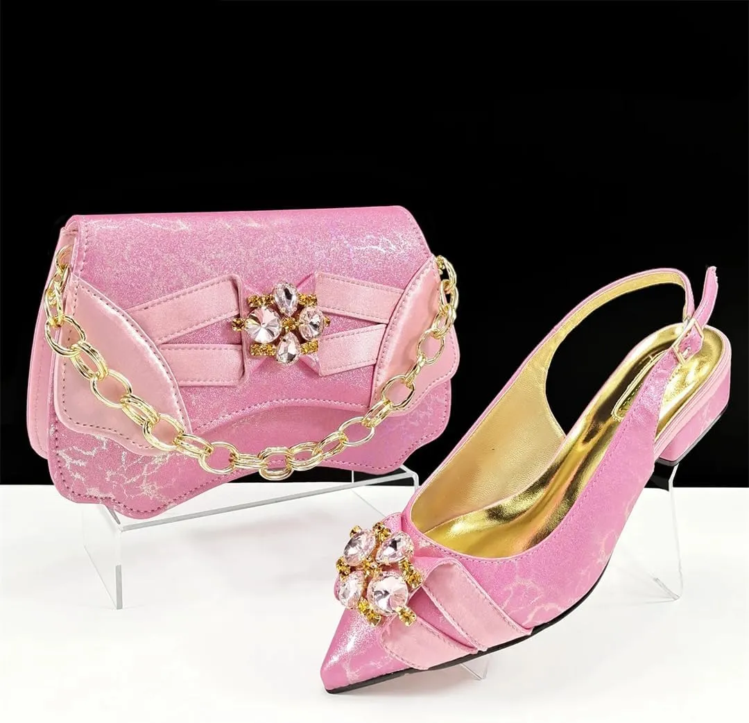 Women’S Italian Designer Comfortable Heel Crystal Shoes and Evening Bag Set Square Heel Pointed Toe Buckle Strap