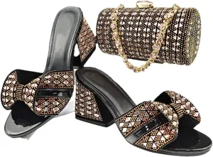 Women’S Italian Rhinestone Banquet Shoes and Small Bag Set with Square Heel and Crystal Decoration for Special Occasions