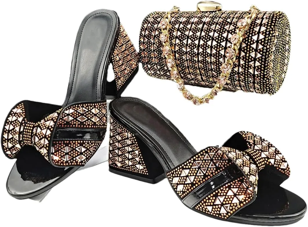Women’S Italian Rhinestone Banquet Shoes and Small Bag Set with Square Heel and Crystal Decoration for Special Occasions