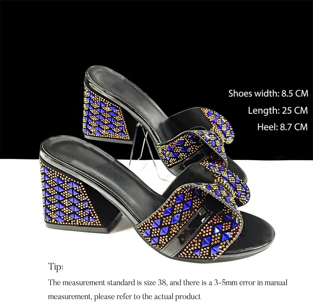 Women’S Italian Rhinestone Banquet Shoes and Small Bag Set with Square Heel and Crystal Decoration for Special Occasions